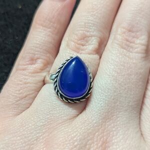 Silver Plated Blue Chalcedony Gemstone Teardrop Statement Ring - Adjust